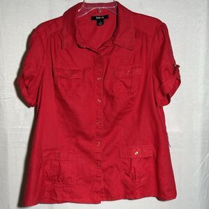 Style & Co Linen Shirt Womens Size 16 Red Button Front Short Sleeve Lightweight